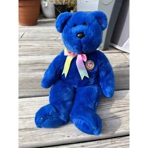Blue Ty Beanie Buddy "KC" Bear Official Club 1999‎ Plush Toy Rainbow Ribbon